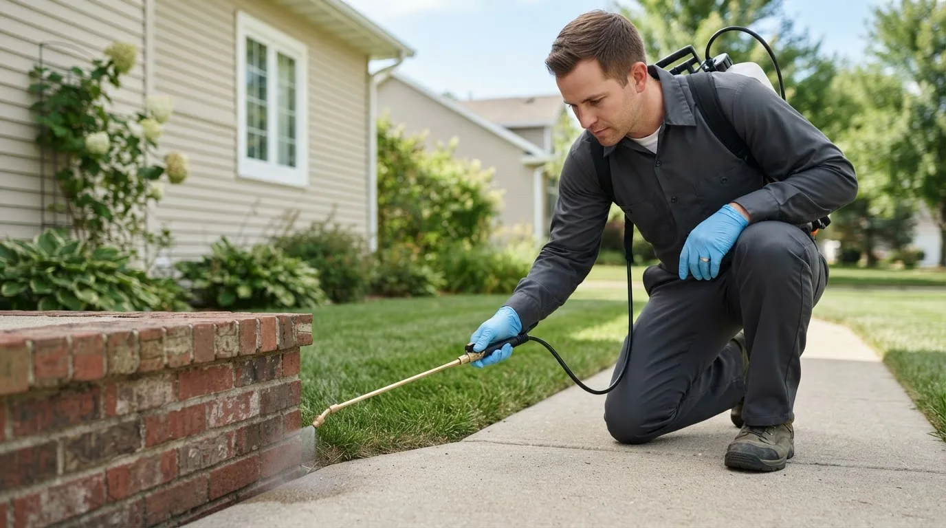 Pest control technician treating a home near Meridian, NY