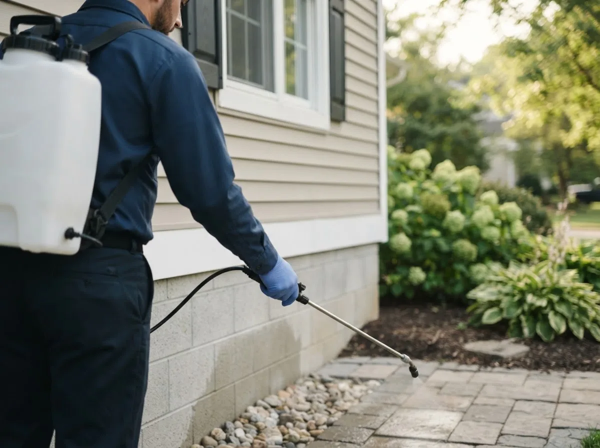 Pest control technician inspecting a home in Meridian, NY